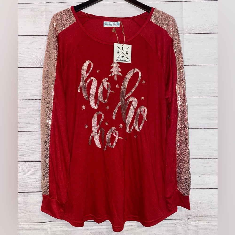 Southern Grace “Ho Ho Ho” Christmas Top- Size XL
